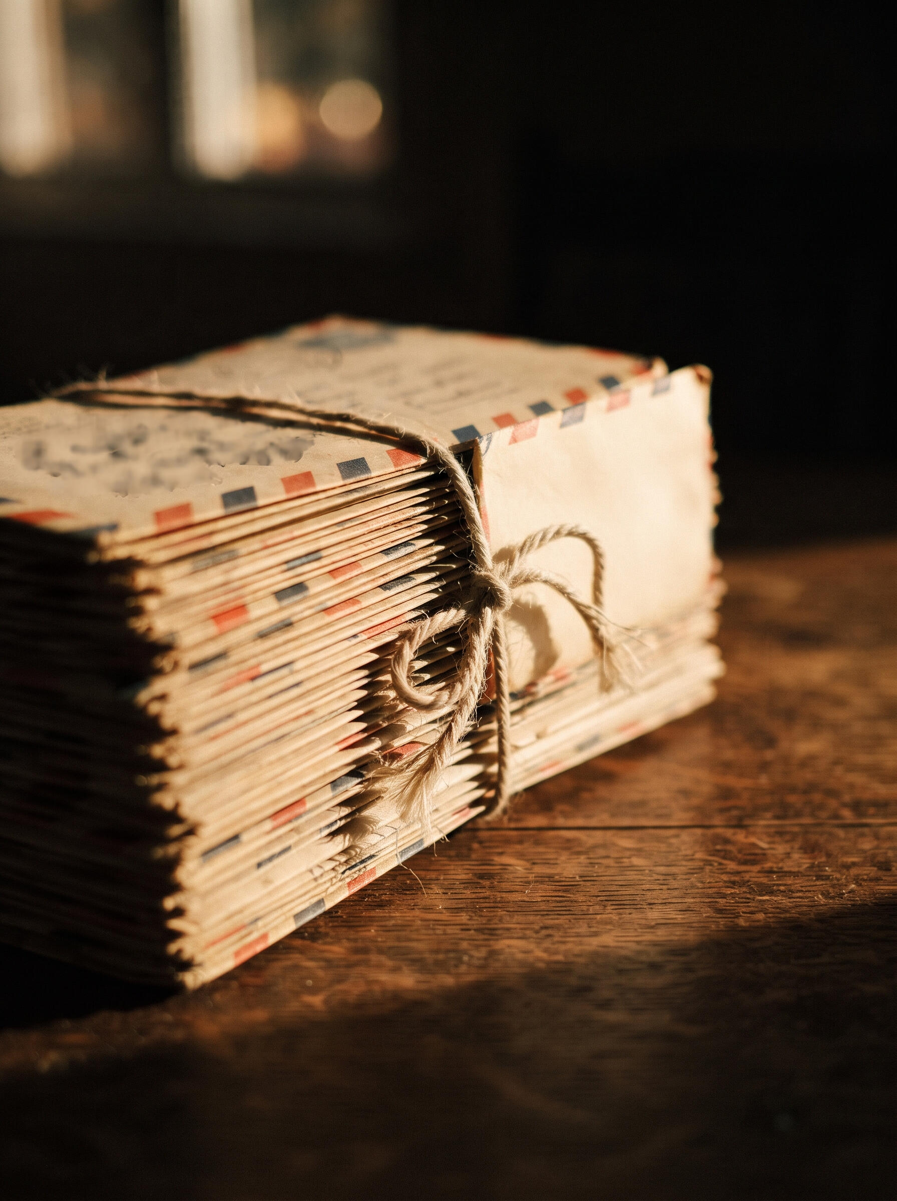 Letters, sent A thick bundle of old airmail envelopes, red and blue borders worn soft, tied with frayed string on a wooden table.