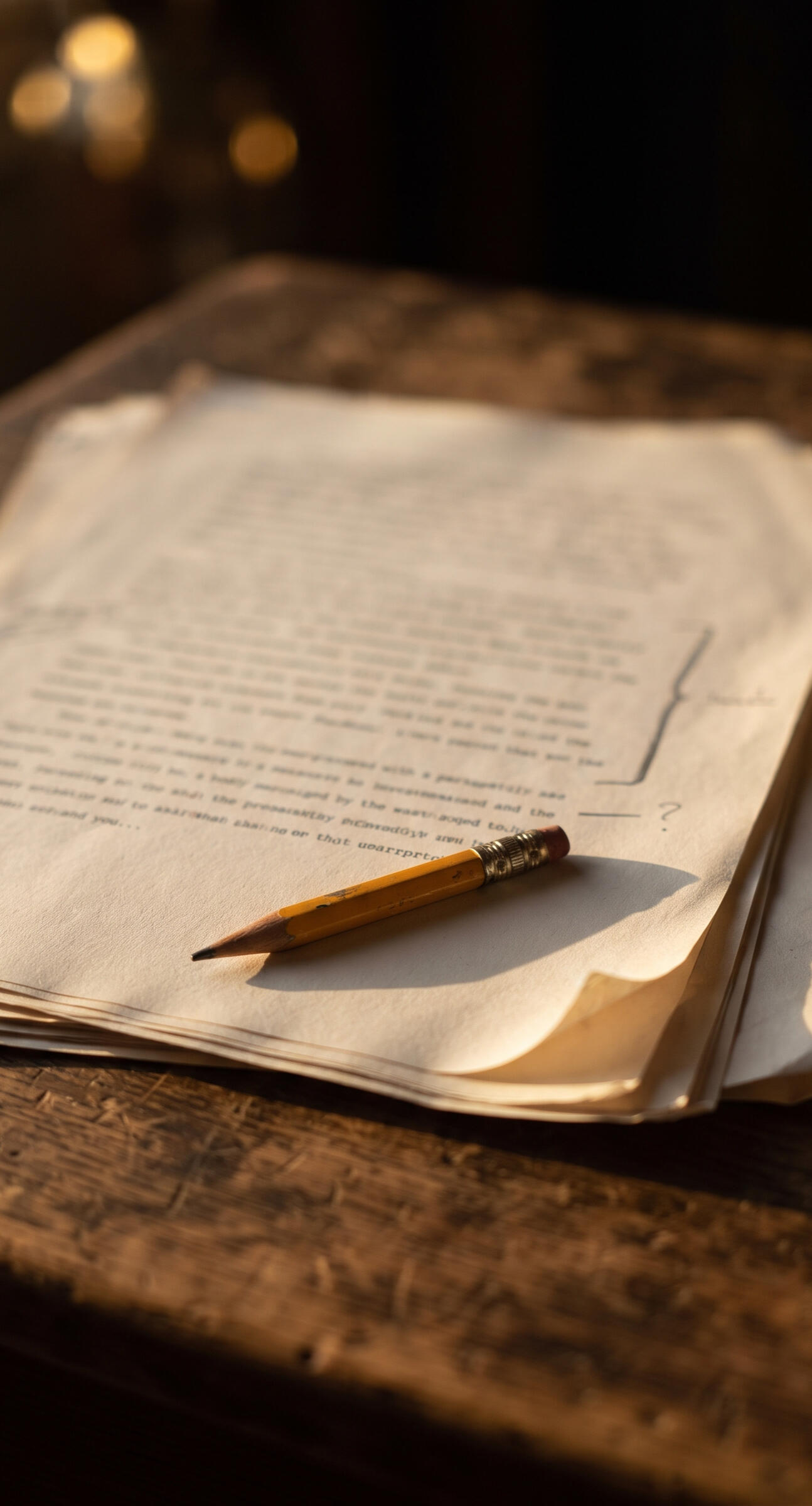 A working draft A stack of typed manuscript pages with pencil marks in the right margin and a well-used pencil laid across them.