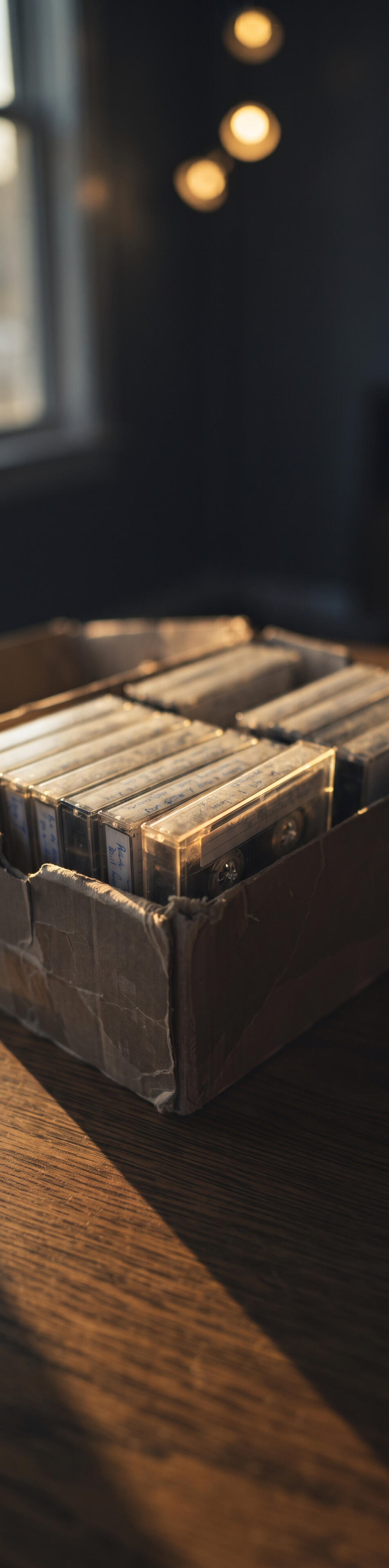 The shoebox A worn cardboard box of home-taped cassettes with handwritten labels, lit by low sun through a window.